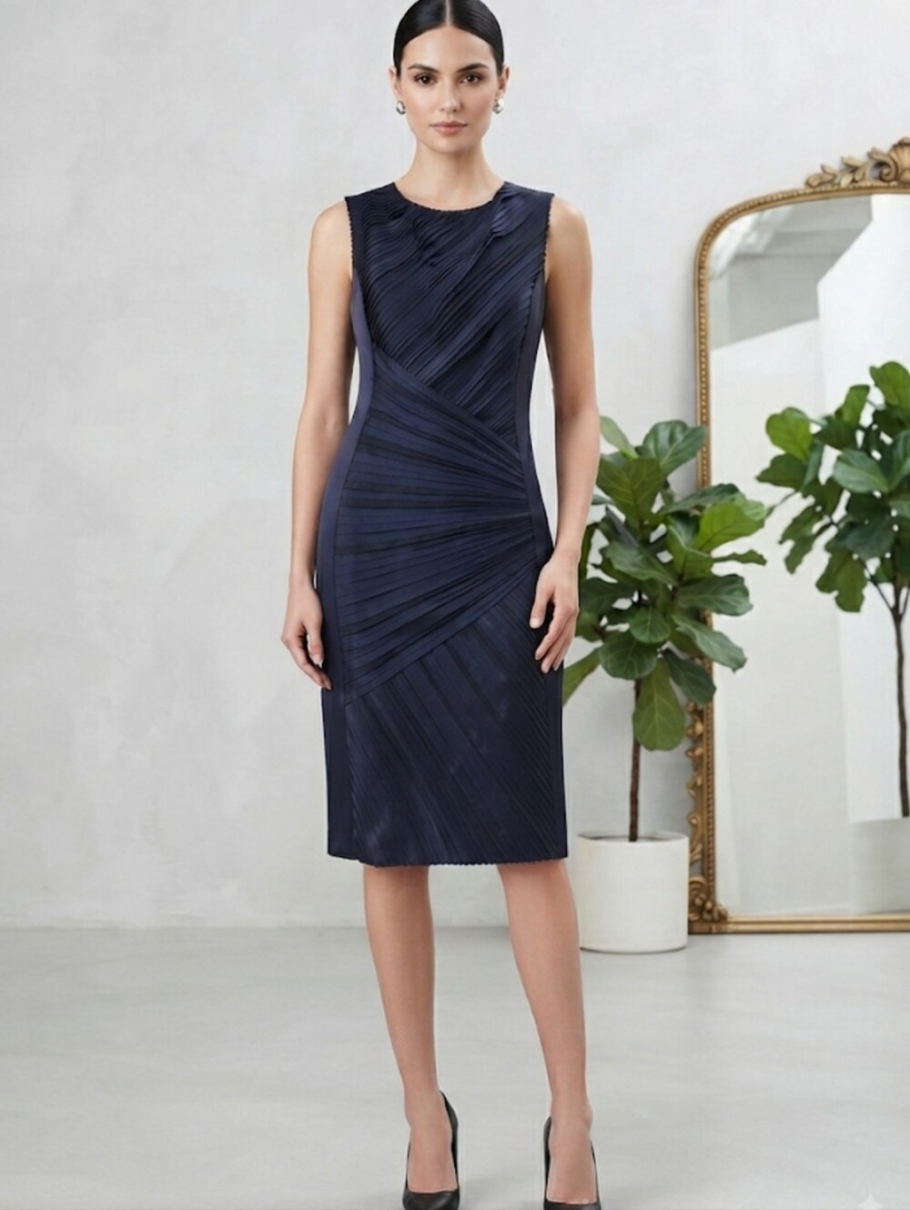 Vera Wang Collection Navy Silk Pleated Sleeveless Sheath Midi Dress US 6